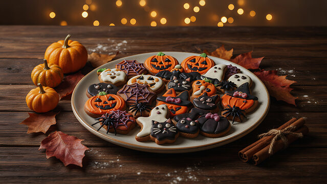 Spooky frosted Halloween cookies neatly arranged on a ceramic plate with autumn leaves and mini pumpkins created with generative AI.