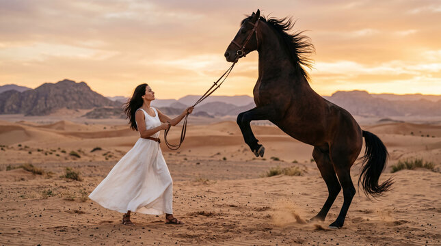 Woman in elegant white dress controlling rearing dark horse on desert dunes at sunset, wild stallion training, taming and freedom concept