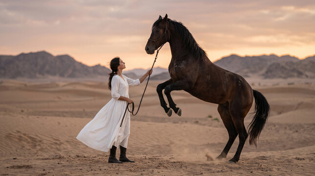 Woman in elegant white dress controlling rearing dark horse on desert dunes at sunset, wild stallion training, taming and freedom concept