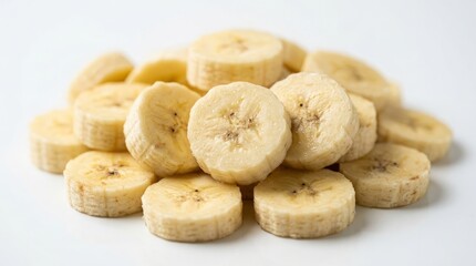 Fototapeta premium Stack of Sliced Ripe Yellow Banana Rounds Isolated on White Background
