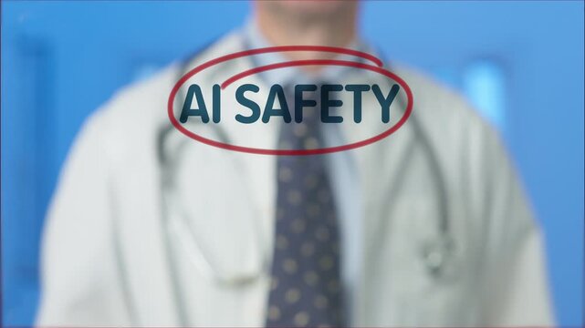 Doctor emphasizing ai safety with a circle around the text on a transparent display, representing ethical considerations and future regulations in artificial intelligence and healthcare