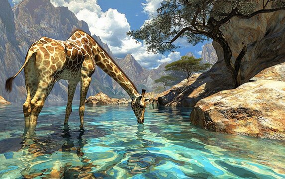 Giraffe drinking from a clear mountain lake.