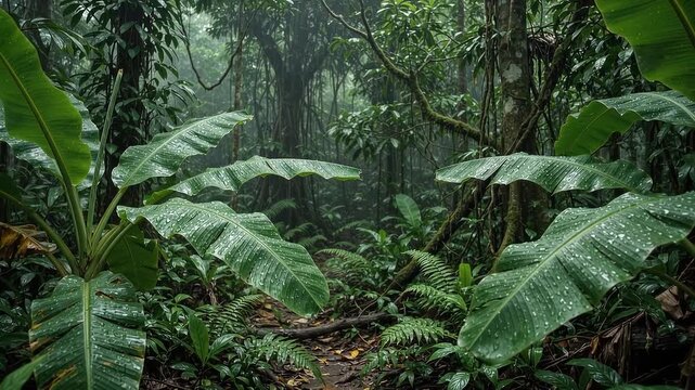 Dense tropical rainforest wilderness filled with lush green foliage towering canopy trees and large damp leaves glistening gently under a thick morning mist creating a tranquil natural sanctuary