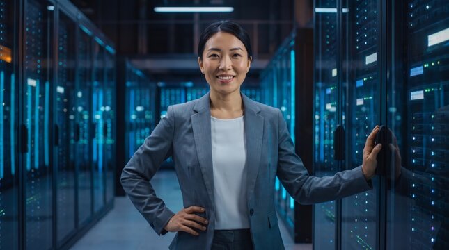 Smiling Asian businesswoman standing confidently between server cabinets