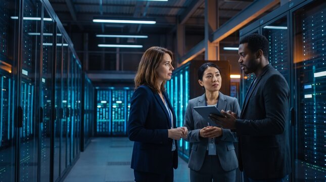 IT managers discussing server infrastructure in a data center aisle