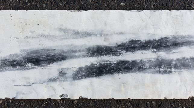 Painted crosswalk white stripe texture on worn asphalt, straight down macro view of traffic weathered road marking surface 