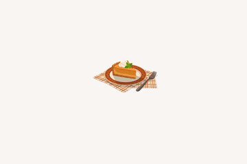 Fototapeta premium Delicious slice of pumpkin cheesecake topped with whipped cream and mint on a plate with fork, isolated vector illustration.