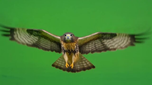 Flying raptor flapping its wings flying towards the viewer on green screen for VFX.