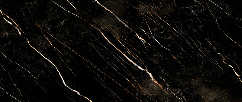 Black marble texture with parallel gold and white streaked veins forming a dramatic luxury natural stone background for interior design