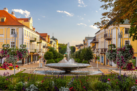 Fountain with historical buildings and flowers, Frantiskovy Lazne, Czech Republic