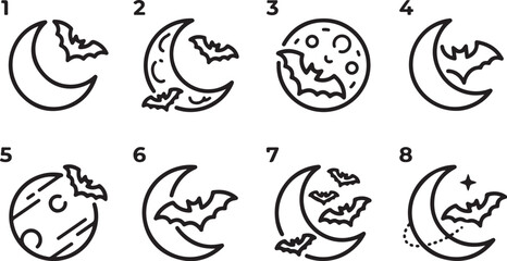 Fototapeta premium Halloween bats flying around moon icons set