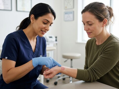 Dermatologist examining a circular skin rash on a female patient arm. Doctor diagnosing fungal infection ringworm in medical clinic