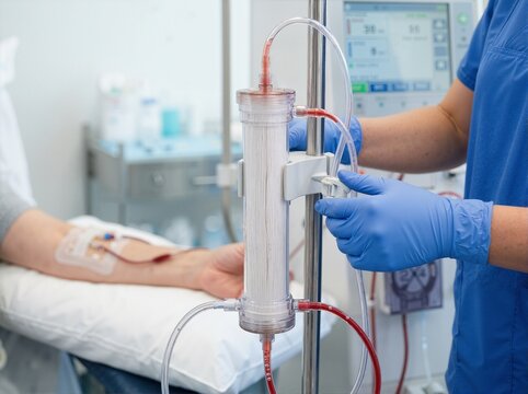 Close-up of dialysis machine dialyzer filter during medical treatment. Healthcare worker adjusting hemodialysis tubing in hospital clinic