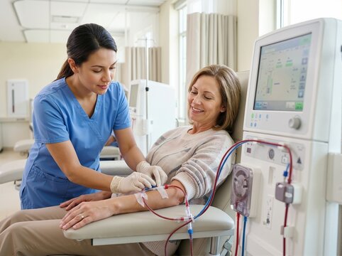 Nurse tending to a female patient receiving hemodialysis treatment in a hospital clinic. Medical professional monitoring dialysis procedure