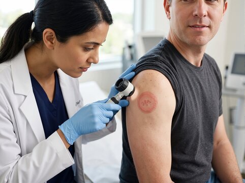 Doctor inspecting a circular skin rash on a male patient shoulder with a dermatoscope. Dermatologist diagnosing ringworm infection