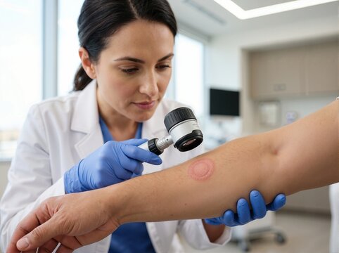 Dermatologist holding patient arm and inspecting a circular red skin lesion with a dermatoscope. Close-up of ringworm skin examination