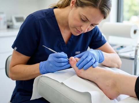Female podiatrist treating ingrown toenail with precision tool. Medical doctor performing foot care procedure in clinic