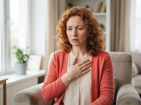 Woman holding hand over chest feeling heart pain or palpitations. Symptom of arrhythmia or anxiety at home