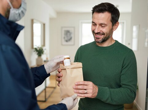 Delivery man handing prescription medicine to customer at home. Courier delivering paper bag with pill bottle to smiling man