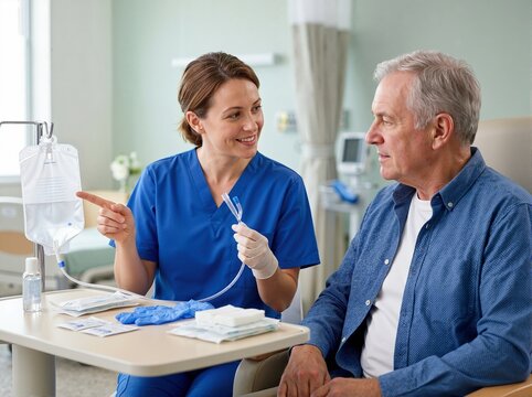 Nurse demonstrating urinary catheter bag care to senior male patient. Medical consultation and instructions in hospital room
