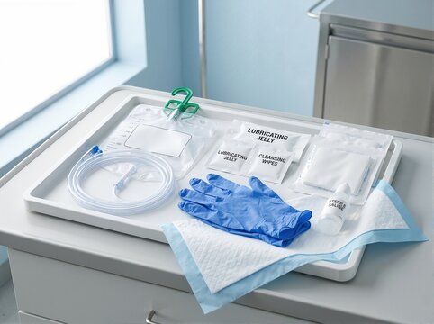 Sterile catheterization kit laid out on medical tray. Urology supplies and equipment