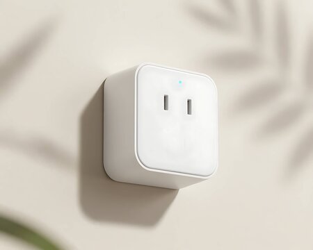 Smart plug mounted on wall with leaf shadows and copy space