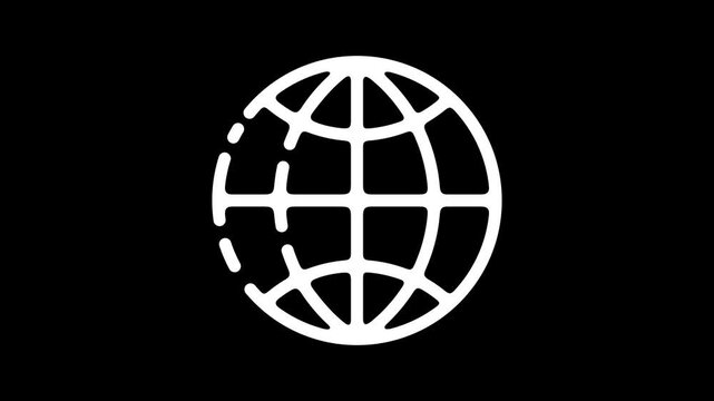 Minimalist 2D animation of a stylized cartoon earth planet globe sphere revealing itself. The design features a simple animated grid with a few meridians, parallels, and equator lines. Playful motion 