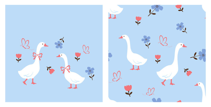 Seamless white goose pattern featuring long neck geese with pink ribbon bows, blue and coral flowers, butterflies and tiny floral branches on a soft pastel blue background in simple flat vector.