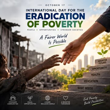 International day for the eradication of poverty concept with a child reaching for a hand across stairs leading to a better life basic needs progress