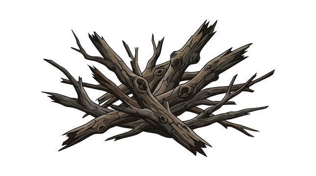 Pile of dry broken tree branches with weathered bark and sharp edges for campfire fuel or forest debris environment prop in adventure game designs.