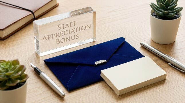 Staff appreciation bonus award and blue gift envelope. Employee recognition and corporate incentive concept