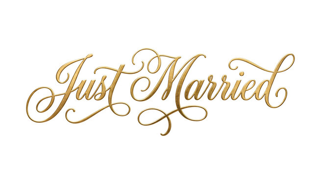 Golden Just Married calligraphy on a transparent background. Elegant script typography with a shimmering gold texture.