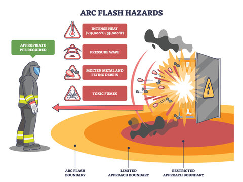 Arc flash hazards overview with PPE worker, exploding electrical panel, and approach boundaries, conveying heat, debris, and fumes risks for electrical safety. Outline diagram