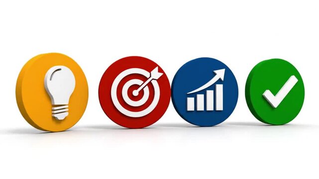 Creative Idea to Business Success Animation, A simple visual business journey from creative idea to goal setting, measurable growth, and successful completion using clean colorful 3D symbols.