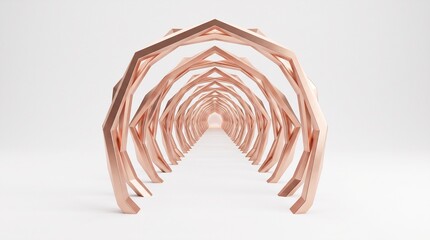 Obraz premium Abstract rose gold geometric tunnel structure on a clean white background