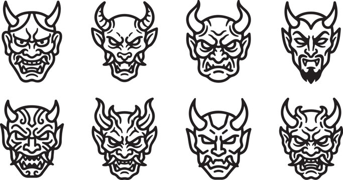 Eight demonic masks with horns illustration