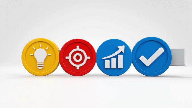 Idea Goal Growth Success Concept Animation, Minimal commercial animation illustrating the progression from an idea to a defined goal, business growth, and successful completion.