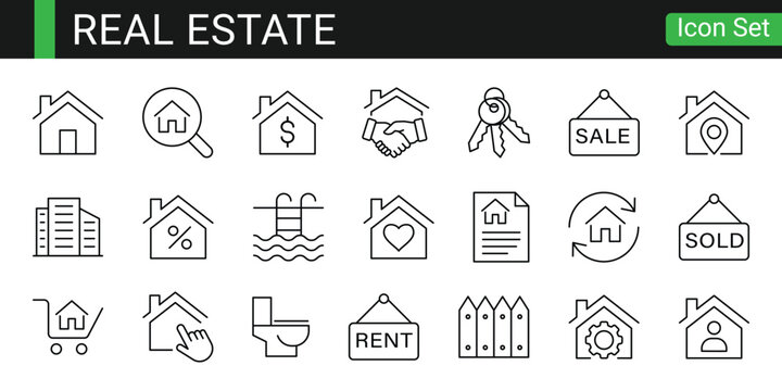Real estate icon set with house property and rent line art symbols. Transparent vector