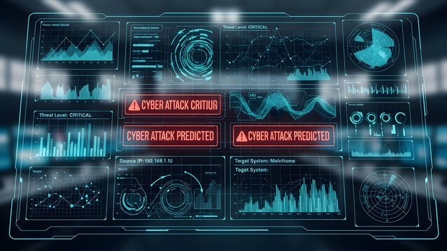 Futuristic Cybersecurity Interface with Data Analysis Graphs and Critical Cyber Attack Warning Alerts