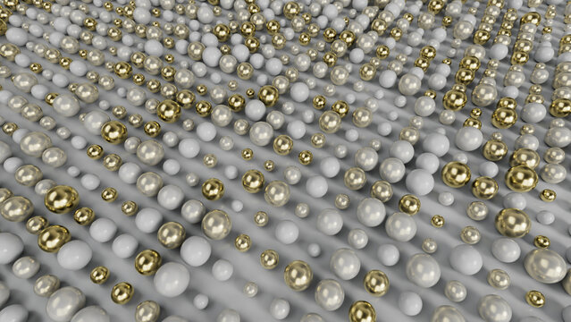 Christmas white and gold spheres top view in perspective. Abstract background wallpaper. Can be used as a texture or background for design projects, scenes, etc. 