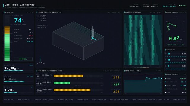 Explore the CNC Twin Dashboard showcasing spindle loads and machining condition modeling with real-time G-code visualization and advanced cutting parameters for precision machining.