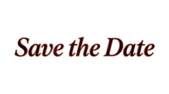 Save the date text made of dark red velvet with embroidery on transparent background. Elegant retro lettering for wedding invitation.