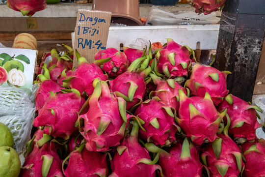 Dragon Fruit (Selenicereus undatus) for sale in an outdoor market in Kuala Lumpur, Malaysia