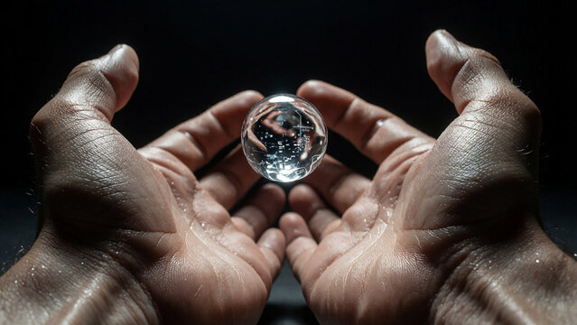 Glowing mercury sphere floating above hands