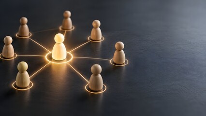 Obraz premium Illuminated central wooden figure connected to others via glowing lines representing business networking team communication and leadership hub