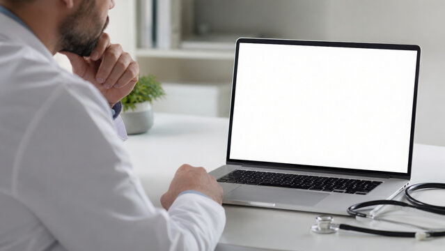 Doctor laptop blank screen stethoscope office professional technology healthcare workspace thoughtful expression. doctor sits desk with blank