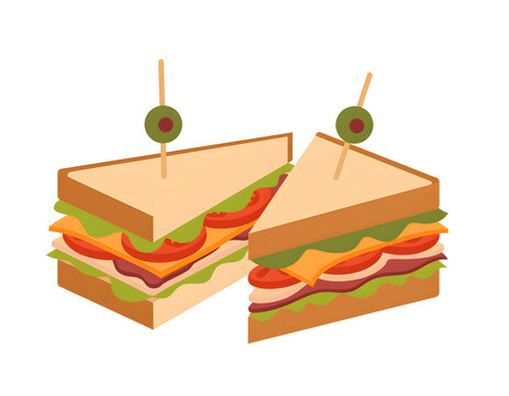 Two halves of a delicious club sandwich with cheese, lettuce, tomato, and olives on toothpicks, isolated illustration