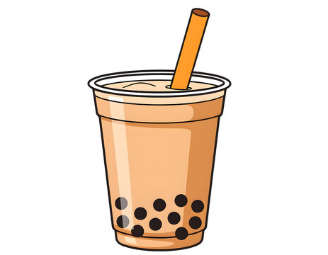 Cute cartoon bubble tea drink illustration with tapioca pearls and straw in a plastic cup on a split background