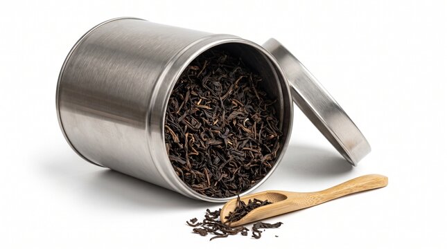 Loose leaf black tea in silver metal tin with wooden scoop, aromatic dried tea leaves in open canister, organic herbal tea storage on white background