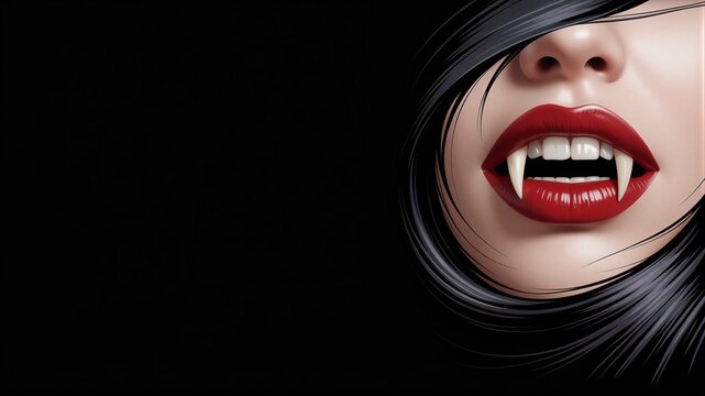 Halloween template banner background with part of a female vampire face, seductive scarlet lips, white fangs on black with copy space